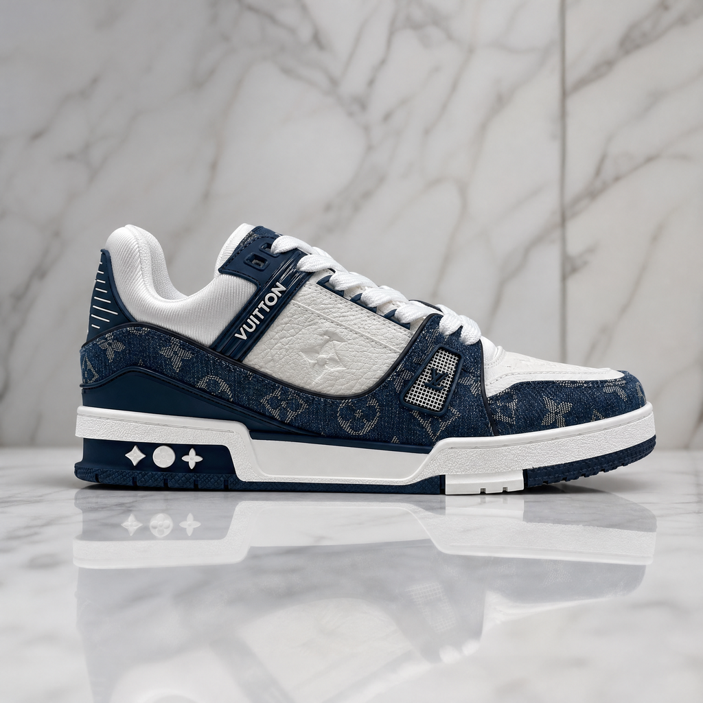 Blue and white shoes