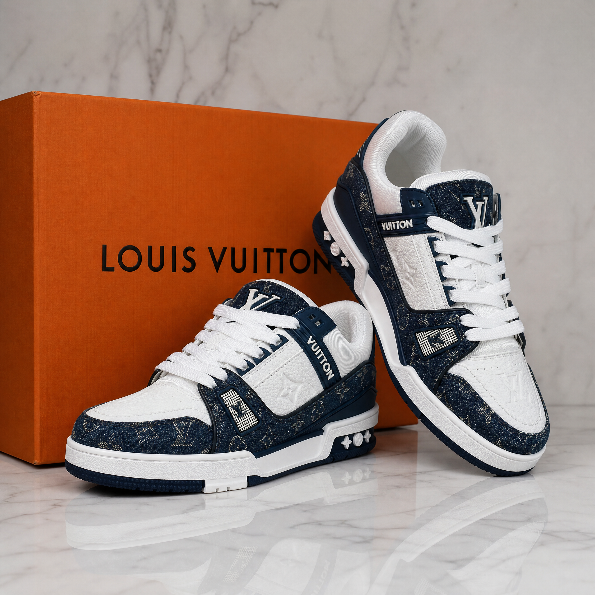 Blue and white shoes